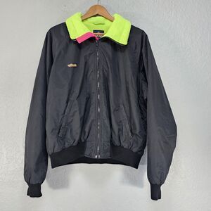 Vintage Columbia XL Neon Fleece Lined Black Nylon Bomber Jacket Radial Sleeve